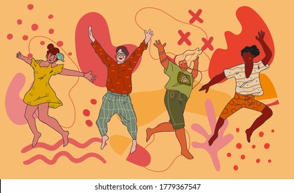 Concept of young diverse group of people jumping on yellow background with doodles. Stylish modern vector illustration card with happy male and female teenagers together. Funny flat cartoon.