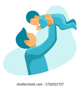 Concept of a young father holding his son over him. Father's day. Flat illustration on a white background.
