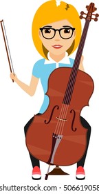 The concept of a young girl playing the cello. Cartoon vector illustration. Isolated on a white background.
