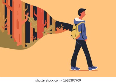 concept of young man with backpack on back wearing hood clothing, long pants and sneaker travel alone with his imagination and imagine to jungle, cartoon character flat vector illustration design