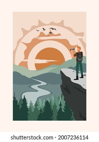 Concept of young man with backpack on back wearing hood clothing, long pants and sneaker travel alone.Concept of freedom, choice, finding your way