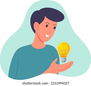 concept of a young man finding an idea, with a light symbol