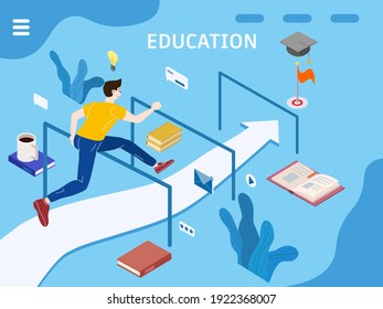 Concept Young man runs along the directional arrow overcoming obstacles, barriers on the way to the finish line getting education graduation cap, icons. Vector flat cartoon poster, banner, isolated