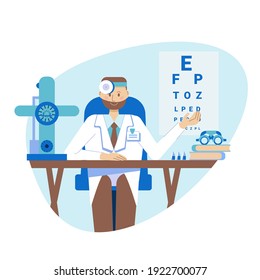 The concept of a young ophthalmologist, a practicing optometrist sits at a table in the medical office of a hospital. Vector illustration in a flat style. Consultation and diagnosis of vision.