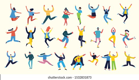 Concept of young people jumping and dancing on the light background. Stylish modern vector illustration card with happy male and female teenagers