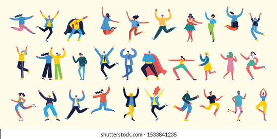 Concept of young people jumping and dancing on the light background. Stylish modern vector illustration card with happy male and female teenagers