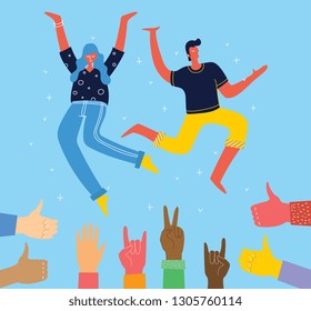 Concept of young people jumping on blue background. Stylish modern vector illustration card with happy male and female teenagers and hand drawing quote Enjoy your life 