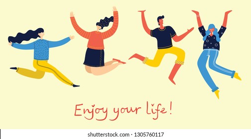 Concept of young people jumping on blue background. Stylish modern vector illustration card with happy male and female teenagers and hand drawing quote Enjoy your life 