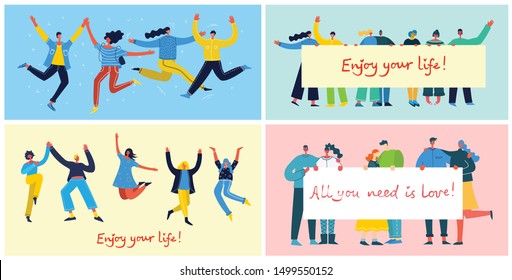 Concept of young people jumping on blue background. Stylish modern vector illustration card with happy male and female teenagers and hand drawing quote Enjoy your life