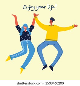 Concept of young people jumping on blue background. Stylish modern vector illustration card with happy female and male teenagers and hand drawing quote Enjoy your life