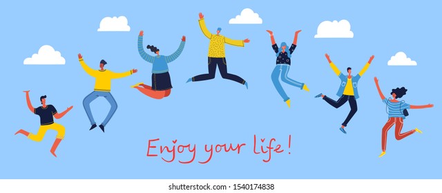 Concept of young people jumping on blue background. Stylish modern vector illustration card with happy female and male teenagers and hand drawing quote Enjoy your life