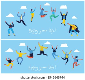 Concept of young people jumping on blue background. Stylish modern vector illustration card with happy female and male teenagers and hand drawing quote Enjoy your life