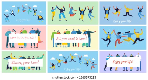 Concept of young people jumping on blue background. Stylish modern vector illustration card with happy male and female teenagers and hand drawing quote Enjoy your life