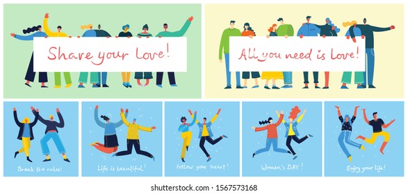 Concept of young people jumping on blue background. Stylish modern vector illustration card with happy female and male teenagers and hand drawing quote Enjoy your life