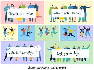 Concept of young people jumping on blue background. Stylish modern vector illustration card with happy female and male teenagers and hand drawing quote Enjoy your life