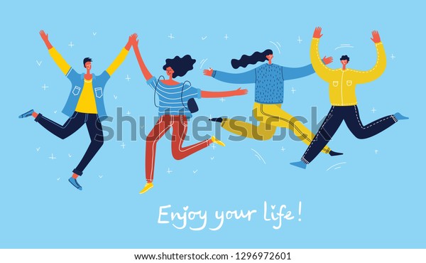 青の背景に若者がジャンプするコンセプト 幸せな男性と女性の10代の若者と手描きの引用文を持つスタイリッシュな現代のベクターイラストカードあなたの生活を楽しめます のベクター画像素材 ロイヤリティフリー