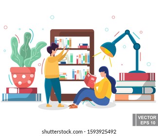 Concept young people read books. training. Library. For your design. Flat style.