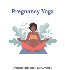 Concept young pregnant afro woman practicing yoga in lotus pose. Flat vector cartoon modern style illustration.