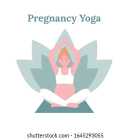 Concept young pregnant woman practicing yoga in lotus pose. Flat vector cartoon modern style illustration.