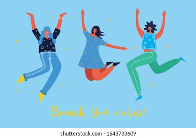 Concept of young woman jumping and dancing on the light background. Stylish modern vector illustration card with happy female teenager