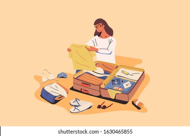 Concept Of Young Woman Sitting On Floor And Packing Accessories And Stuff To Suitcase Or Luggage For Travel Trip, Cute Girl Preparing For Vacation, Cartoon Character Flat Vector Illustration Design