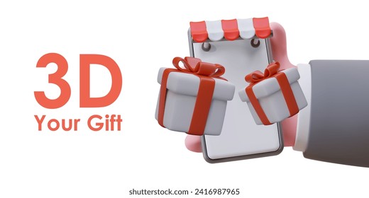 Concept of your gift. 3D hand holding smartphone with image of gift boxes tied with ribbon. Online purchase. Advertisement of store application. Bonuses for buyers