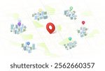 Concept of your location. City map featuring various types of infrastructure. Navigation plan to nearby restaurants, convenience stores, shop. Vector illustration highlight essential locations