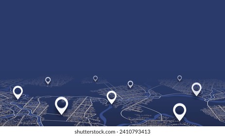 Concept of your location on map. Navigation to poi. Simple scheme of isometric city. Location tracks dashboard. Generic city map with signs of streets, roads, house. Vector illustration, background