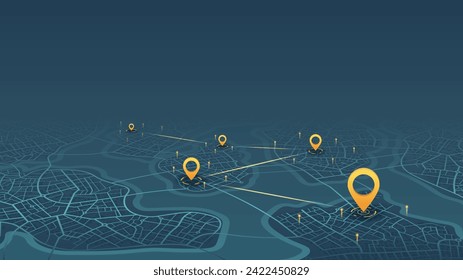 Concept of your location on map. Navigation to poi. Simple scheme of isometric city. Location tracks dashboard. Generic city map with signs of streets, roads, house. Vector illustration, background