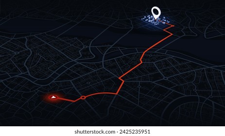 Concept of your location on map. Navigation to poi. Simple scheme of isometric city. Location tracks dashboard. Generic city map with signs of streets, roads, house. Vector illustration, background