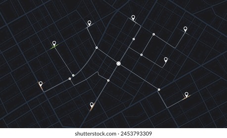 Concept of your location on map. Navigation to poi. Simple scheme of city. Location tracks dashboard. Generic city map with signs of streets, roads, house. Vector illustration, background