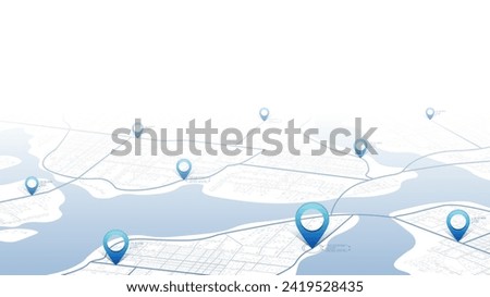Concept of your location on map. Navigation to poi. Simple scheme of isometric city. Location tracks dashboard. Generic city map with signs of streets, roads, house. Vector illustration, background
