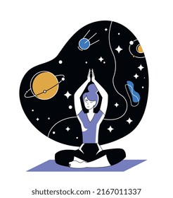 Concepto de zen y armonía. Una chica se sienta en una pose de loto en un espacio. Meditación y yoga, ejercicio para concentración y atención. Metáfora de calma y equilibrio interior. Dibujo vectorial plano de dibujos animados