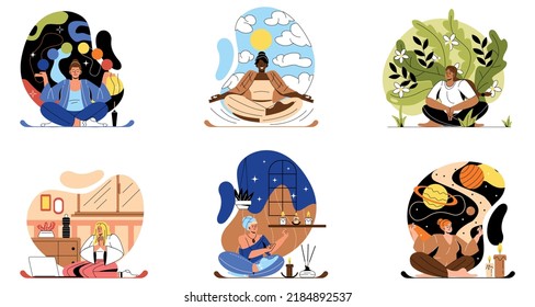 Concept of zen and harmony. Happy girls meditate or practice yoga in lotus position. Mental health and psychological balance. Relaxation and recovery. Cartoon flat vector collection isolated on white