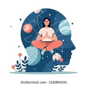 Concept of zen and harmony. Young woman in lotus position meditates mindfulness in outer space. Mental health and psychological stability. Purification of mind. Cartoon flat vector illustration