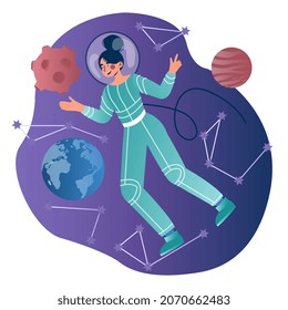 Concepto de gravedad cero. Carácter femenino en el espacio vuela en el cosmos exterior. La insensibilidad en el espacio. La mujer estudia el universo, los planetas y las estrellas. Ilustración vectorial plana contemporánea de dibujos animados