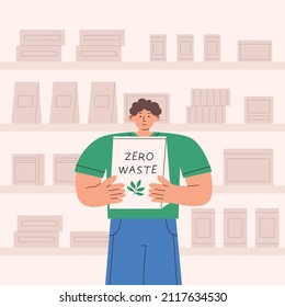 Concept of zero waste. Man with paper bag in shop. Flat vector illustration