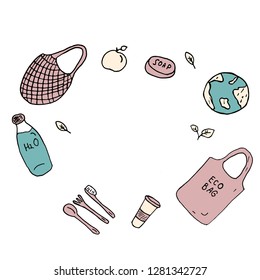 concept of zero waste a set of items decorated in a circle, vector illustration