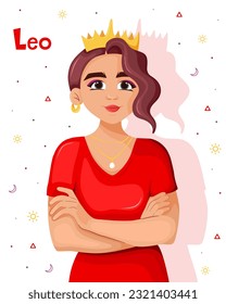 Concept of zodiac and horoscope signs. Zodiac sign Leo. Confident girl with crown isolated on white background. Fire element. Astrology