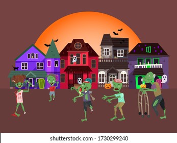 Concept Zombie Apocalypse House, Living Corpse Walking Urban City Flat Vector Illustration. Halloween Concept Holiday, Horror Undead Attack. Parade Alive Indulge, Costume Procession.