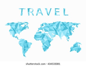Travel,?reative concept.A stylized World map made of blue colort riangles.Abstract background in polygonal style.Low-poly art.