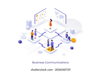 Conceptaual template with people talking to each other, shaking hands and woman making presentation at world map. Scene for international business communication. Isometric vector illustration.