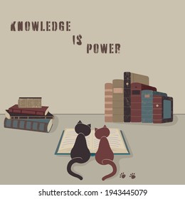 Concept:book or reading is source of knowledge.Two cats sit over open book and studying it.  A lot of volumes surround kittens. For ad of library, bookshop book store. Vector flat cartoon illustration