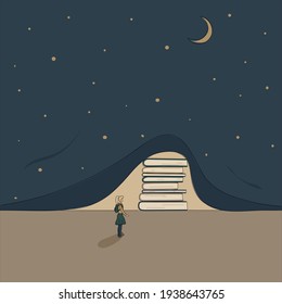 Concept:book is source of knowledge. Stack of books lifted curtain of darkness in form of night sky with moon and stars and showed light. Tiny girl ready to immerse in reading. Hand drawn vector