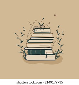 Concept:book is source of knowledge.Glasses  on stack of books.Pile of volumes surrounded by plants as symbol of education and reading book.For library or bookstore.Hand drawn vector