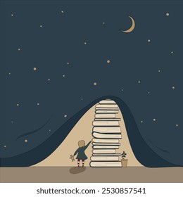 Concept:book is source of knowledge.Stack of books lifted curtain of darkness in form of night sky with moon and stars and showed light. Tiny girl ready to immerse in reading.Hand drawn vector