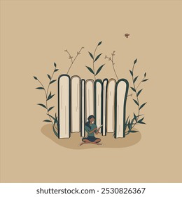 Concept:book is source of knowledge.Tiny african woman sit in Lotus-Pose near stack of books and read book.Pile of volumes as symbol of education.For library or bookstore.Hand drawn vector