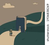Concept:book is source of knowledge.Tiny boy and girl stand on wide road in front keyhole entrance in book to narrower way.Volume as symbol of admission to prestigious sphere of life.Hand drawn vector