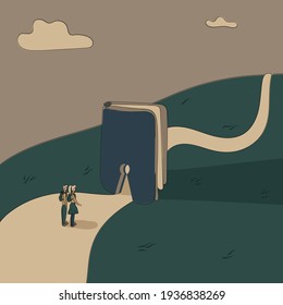 Concept:book is source of knowledge.Tiny boy and girl stand on wide road in front keyhole entrance in book to narrower way.Volume as symbol of admission to prestigious sphere of life.Hand drawn vector