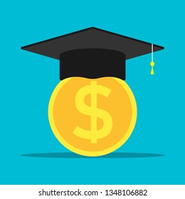 Conception of education fee. investment in education. Graduation cap and gold coin